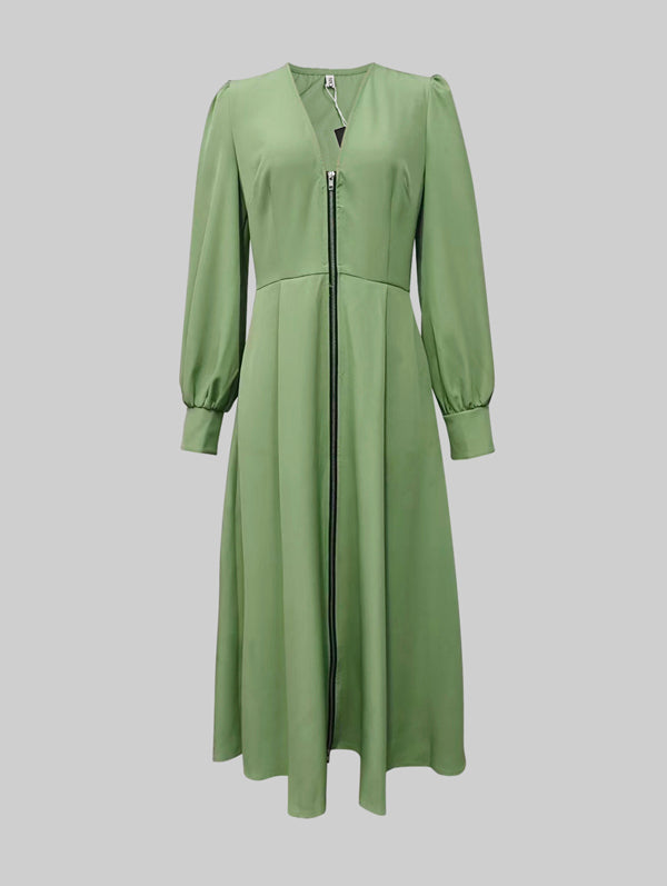Olivia Bennet | A-Line Long Sleeves Pleated Pockets Solid Color Zipper V-Neck Midi Dresses