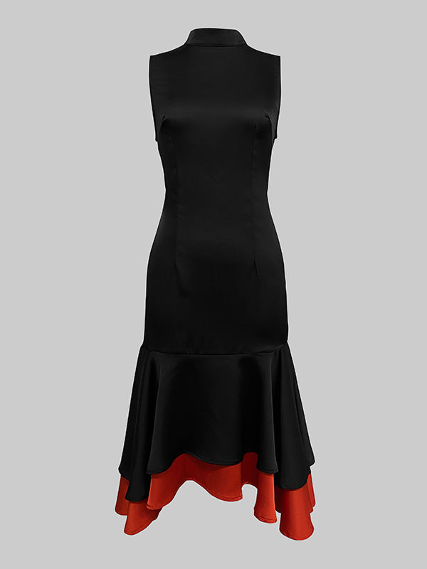 Olivia Bennet | Loose Sleeveless Contrast Color Split-Joint Tiered High Neck Evening Dresses Midi Dresses
