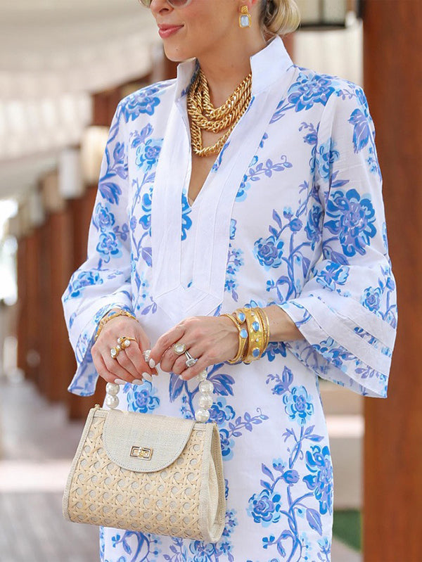 Olivia Bennet | Flared Sleeves Loose Flower Print Split-Joint Split-side Deep V-Neck Midi Dresses