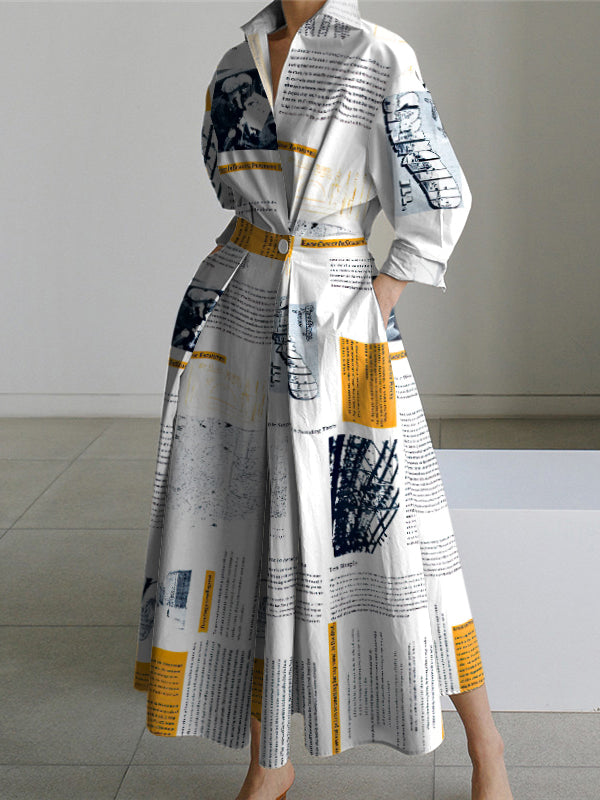Olivia Bennet | Long Sleeves Loose Newspaper Print Pleated Tied Waist Lapel Midi Dresses Shirt Dress