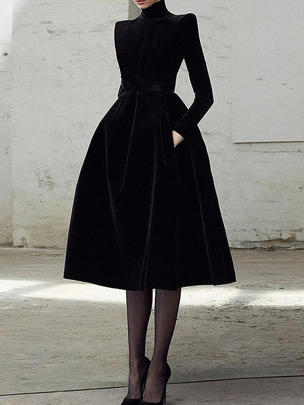 Olivia Bennet | Long Sleeves Skinny Solid Color High Neck Midi Dresses