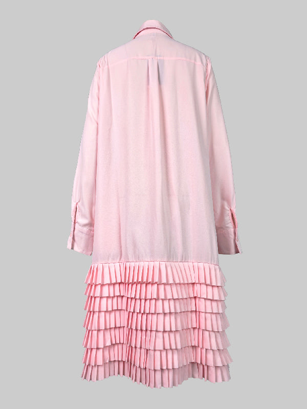 Olivia Bennet | A-Line Long Sleeves Layered Pleated Pockets Solid Color Split-Joint Lapel Midi Dresses Shirt Dress