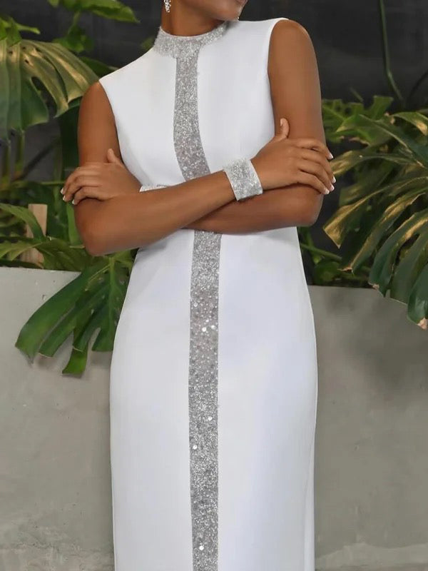 Olivia Bennet | Loose Sleeveless Contrast Color Shiny Split-Back Mock Neck Maxi Dresses