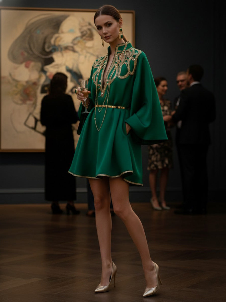 Olivia Bennet | A-Line Long Sleeves Contrast Color Printed Split-Joint Stand Collar Mini Dresses