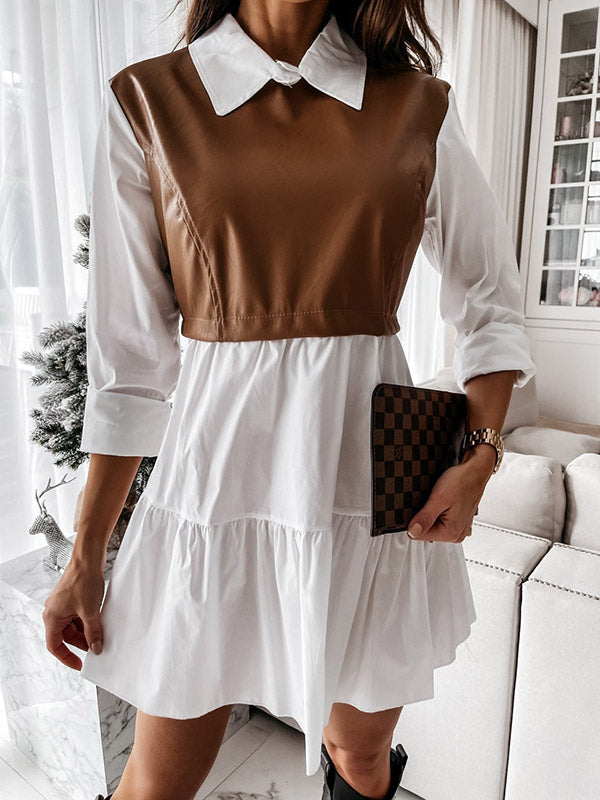 Olivia Bennet | Long Sleeves Loose Contrast Color Pleated Split-Joint Lapel Mini Dresses