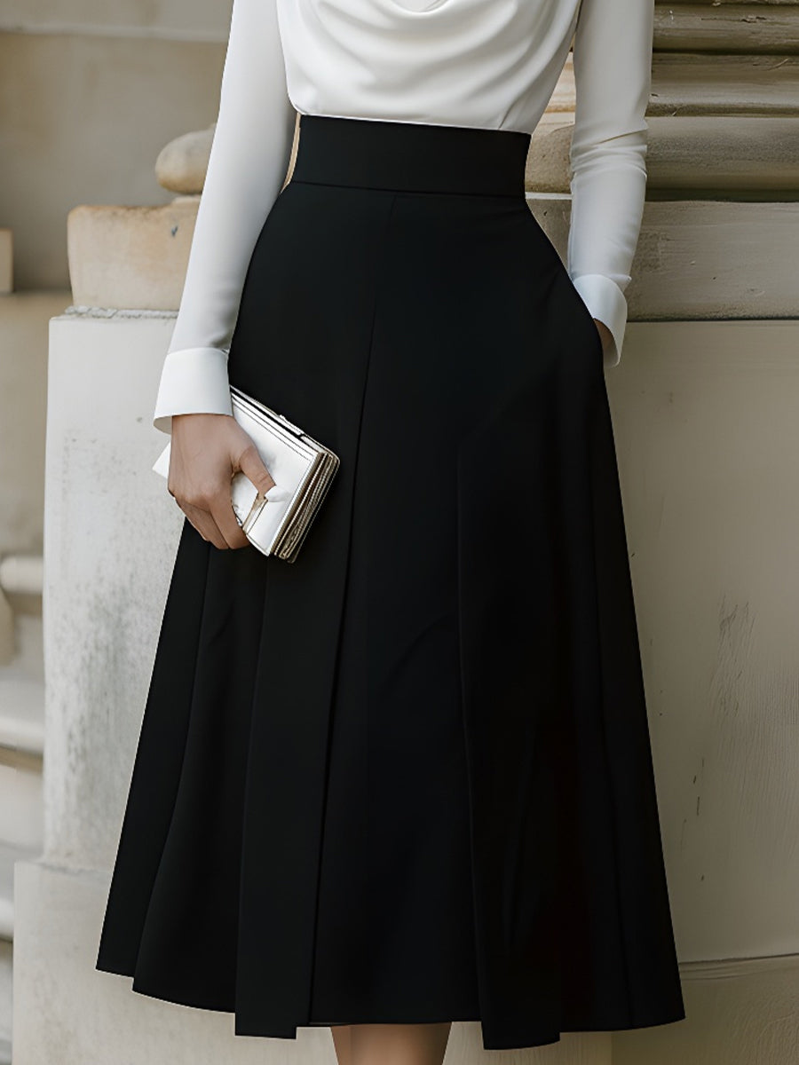 Olivia Bennet | Black Draped-Neck Contrast-Panel Midi Dress