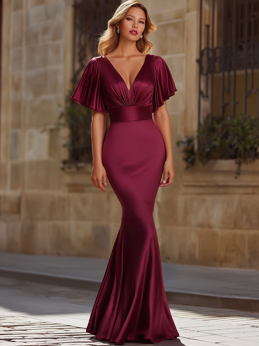 Olivia Bennet | Black Flutter Sleeve Mermaid Silhouette Satin Dress