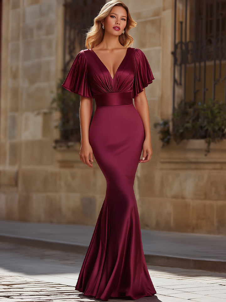 Olivia Bennet | Black Flutter Sleeve Mermaid Silhouette Satin Dress