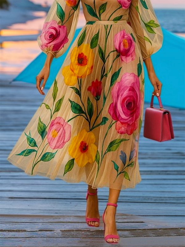 Olivia Bennet | Loose Puff Sleeves Flower Print See-Through Round-Neck Midi Dresses