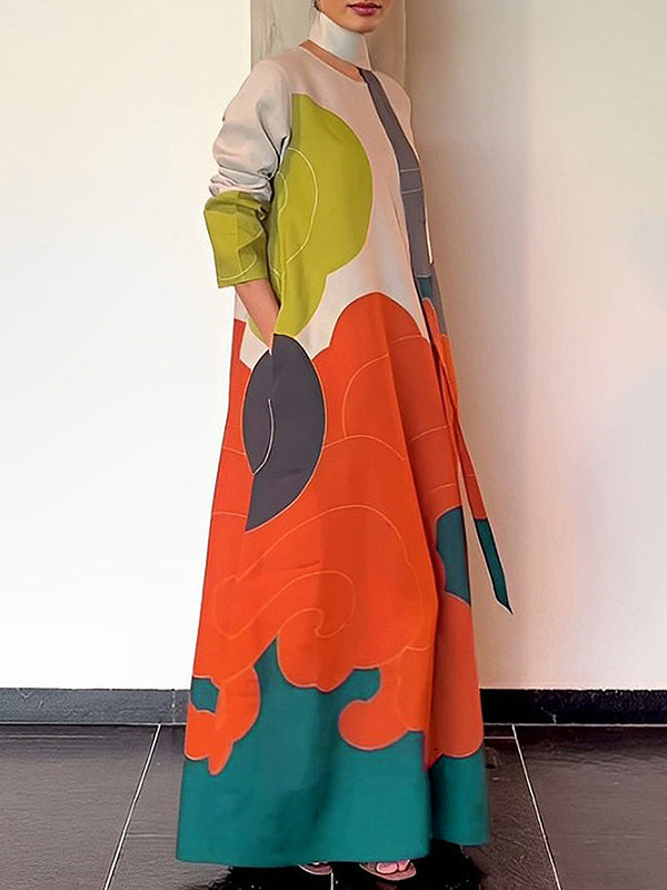 Olivia Bennet | Long Sleeves Loose Printed Split-Joint Round-Neck Maxi Dresses