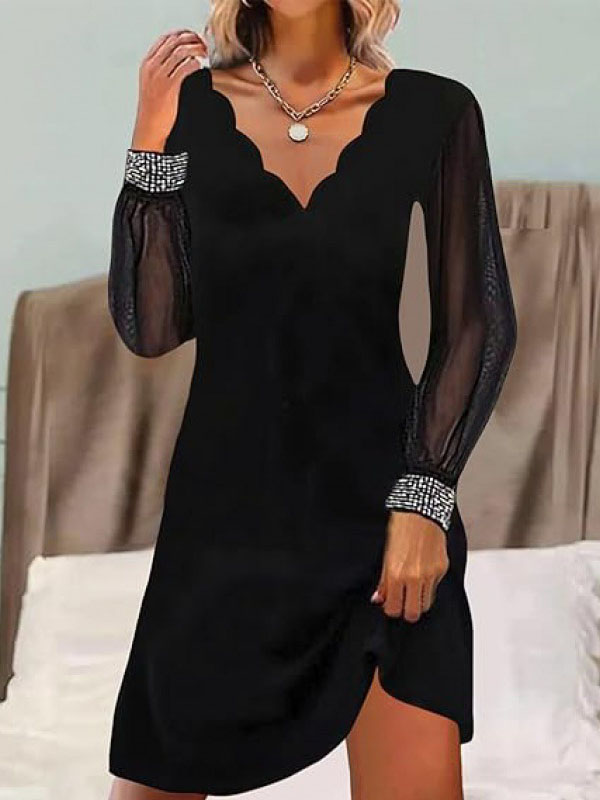 Olivia Bennet | Long Sleeves Loose Elasticity See-Through Split-Joint V-Neck Mini Dresses