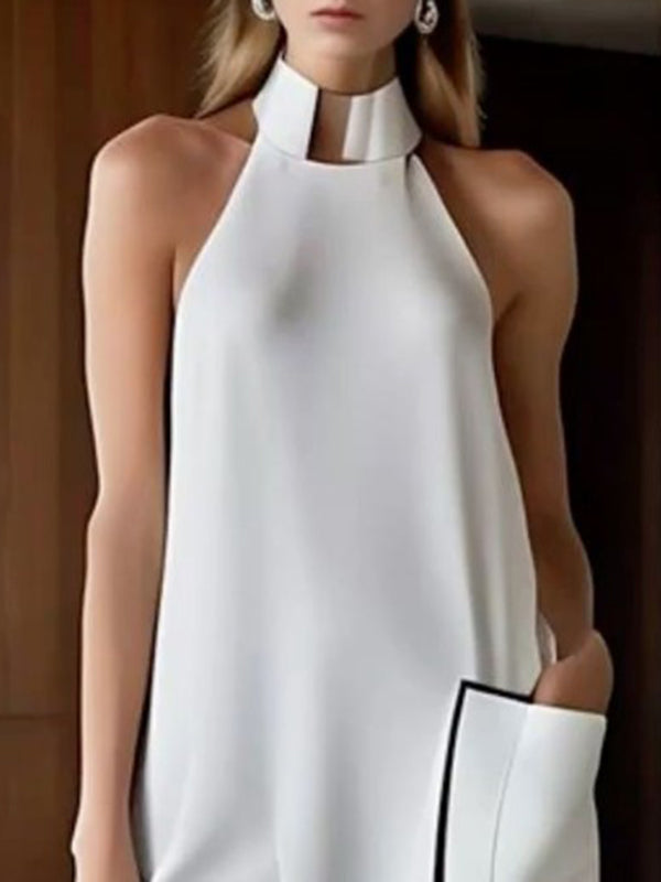 Olivia Bennet | High-Low Sleeveless Pockets Solid Color Split-Joint High Neck Midi Dresses
