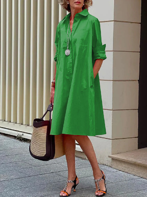 Olivia Bennet | Simple Long Sleeves Solid Color Lapel Midi Dress