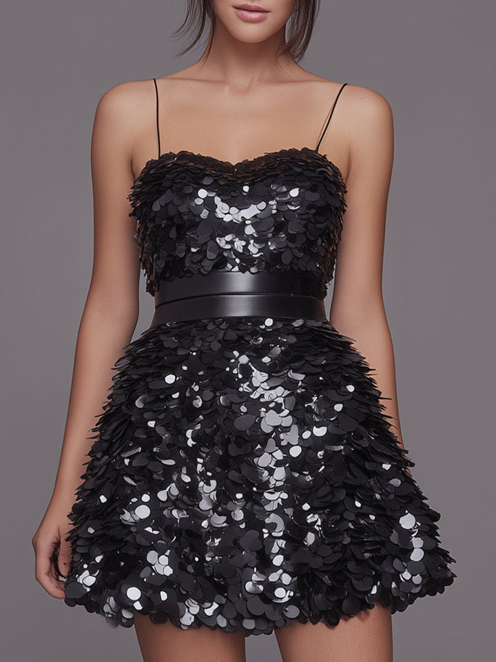 Olivia Bennet | Champagne Layered Petal Spaghetti-Strap Sequined Mini Dress