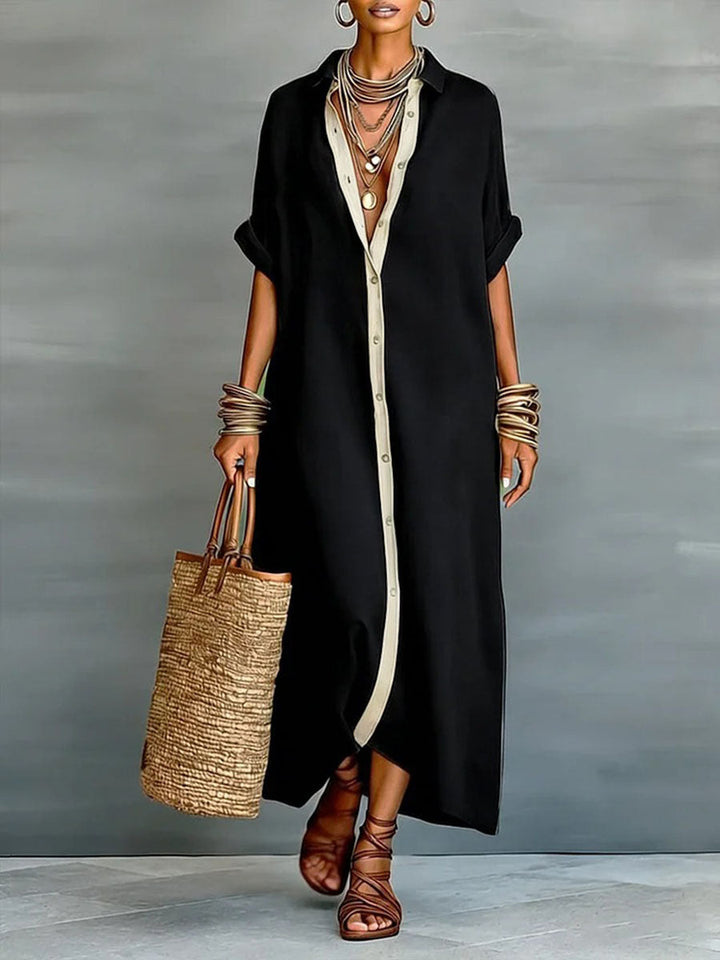 Olivia Bennet | Loose Short Sleeves Buttoned Pockets Split-Joint Lapel Maxi Dresses