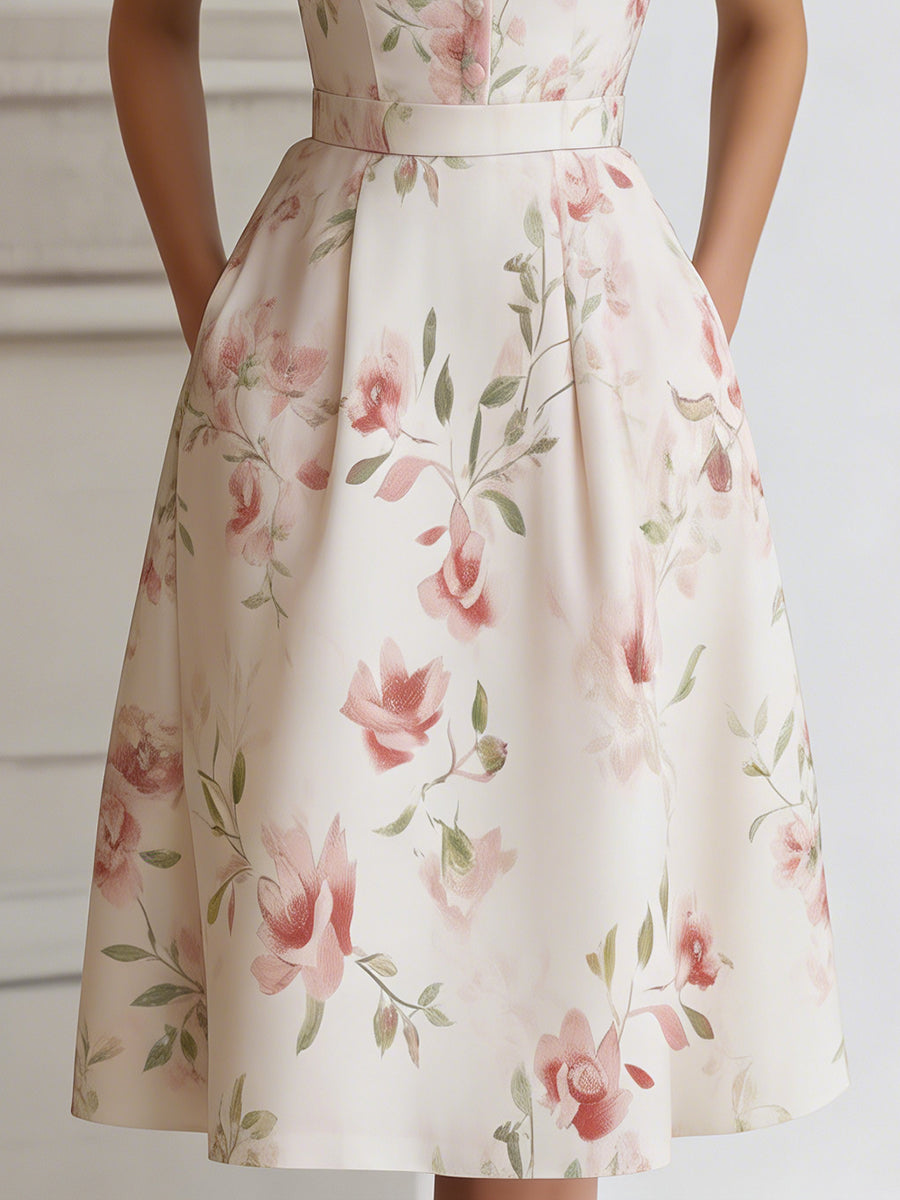 Olivia Bennet | Floral Lapel Short Sleeve Midi Dress With Tailored Waist