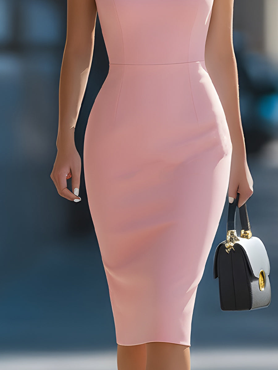 Olivia Bennet | Blush Pink Off-Shoulder Sleeveless Sheath Midi Dress