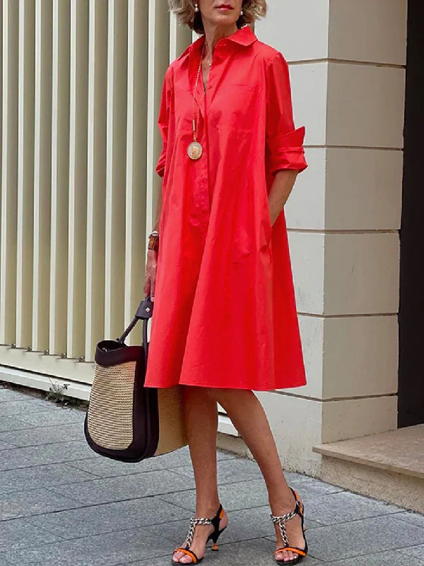Olivia Bennet | Simple Long Sleeves Solid Color Lapel Midi Dress