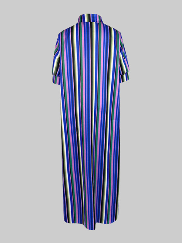 Olivia Bennet | Long Sleeves Loose Split-Joint Striped Lapel Maxi Dresses Shirt Dress