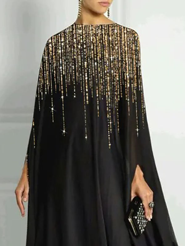 Olivia Bennet | Long Sleeves Loose Rhinestone Round-Neck Maxi Dresses