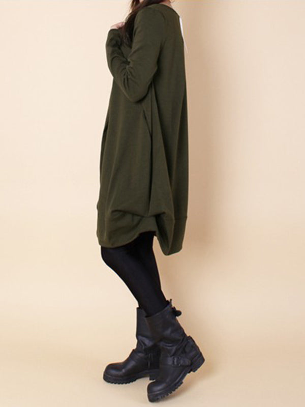Olivia Bennet | A-line Long Sleeves Pleated Solid Color Round-neck Dresses Maxi Dresses