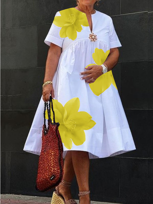 Olivia Bennet | A-Line Loose Flower Print Pleated V-Neck Midi Dresses