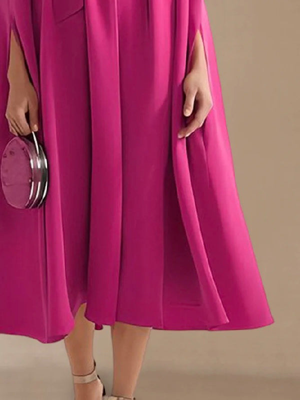 Olivia Bennet | Simple Batwing Sleeves Lace-Up Solid Color High-Neck Midi Dresses