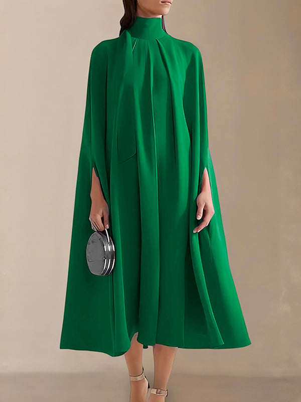 Olivia Bennet | Simple Batwing Sleeves Lace-Up Solid Color High-Neck Midi Dresses