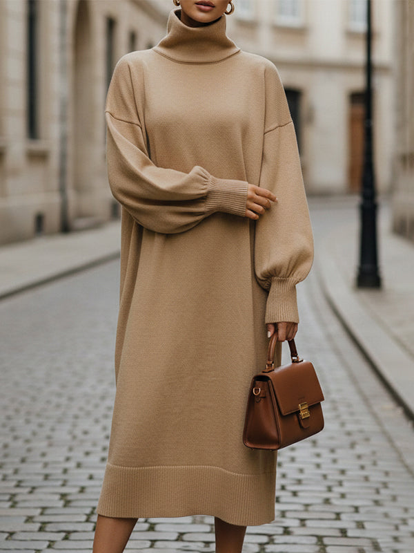 Olivia Bennet | Long Sleeves Loose Solid Color High Neck Midi Dresses Sweater Dresses