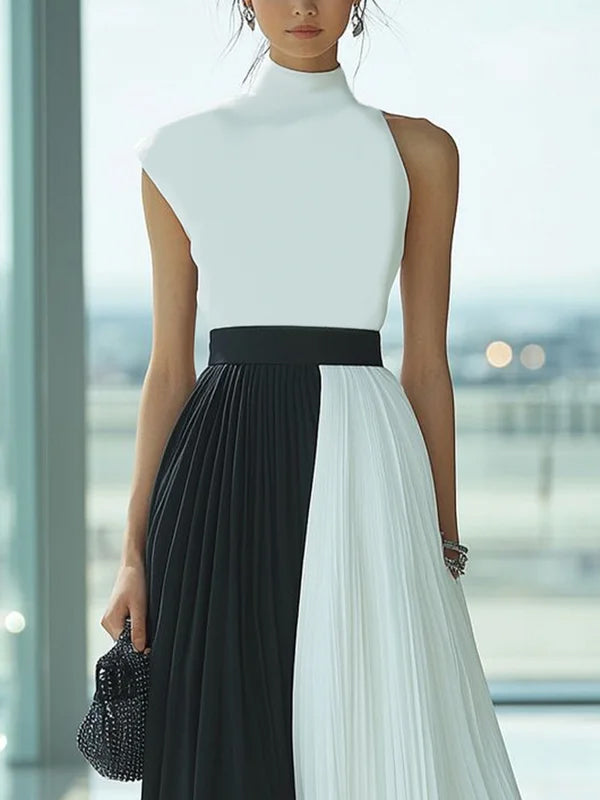 Olivia Bennet | High Waisted Loose Contrast Color Pleated Mock Neck Maxi Dresses