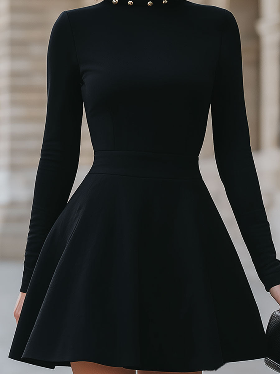 Olivia Bennet | Black Studded Neckline Satin Dress
