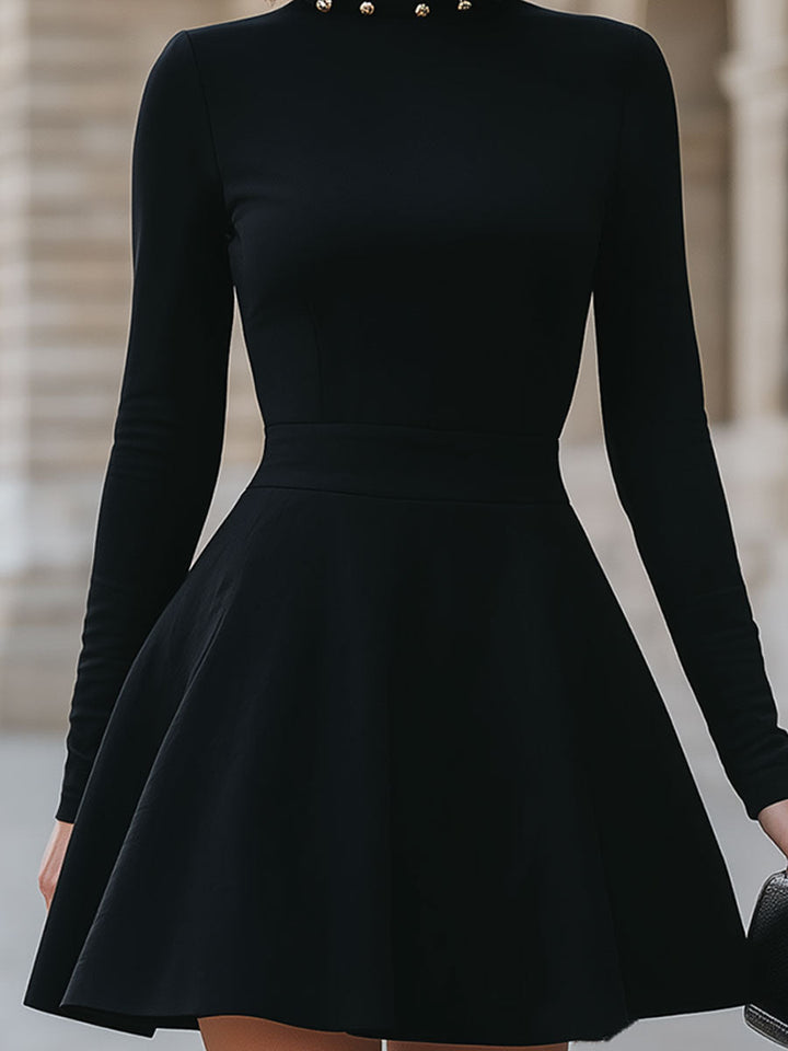 Olivia Bennet | Black Studded Neckline Satin Dress