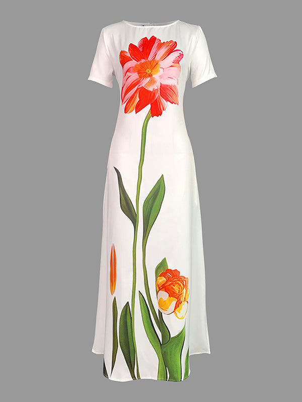 Olivia Bennet | Short Sleeves Flower Print Boat Neck Maxi Dresses
