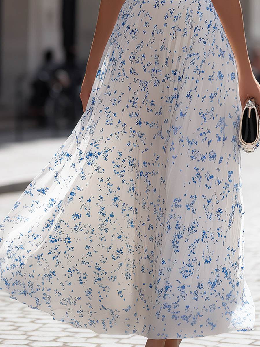 Olivia Bennet | White & Blue Ditsy Floral Sleeveless Pleated Maxi Dress