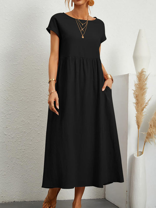 Olivia Bennet | Loose Short Sleeves Pleated Solid Color Round-Neck Midi Dresses