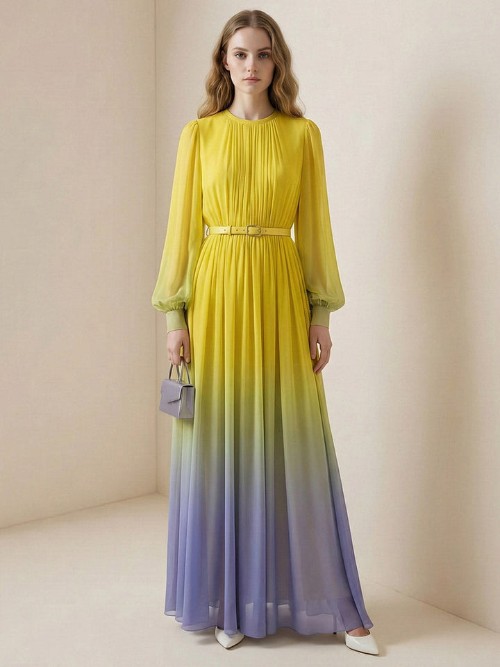 Olivia Bennet | High Waisted Long Sleeves Belted Contrast Color Gradient Pleated Split-Joint Round-Neck Maxi Dresses