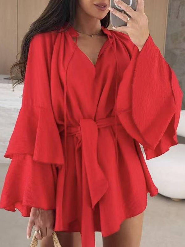 Olivia Bennet | Flared Sleeves Loose Lace-Up Pleated Solid Color Split-Joint Tiered Round-Neck Mini Dresses
