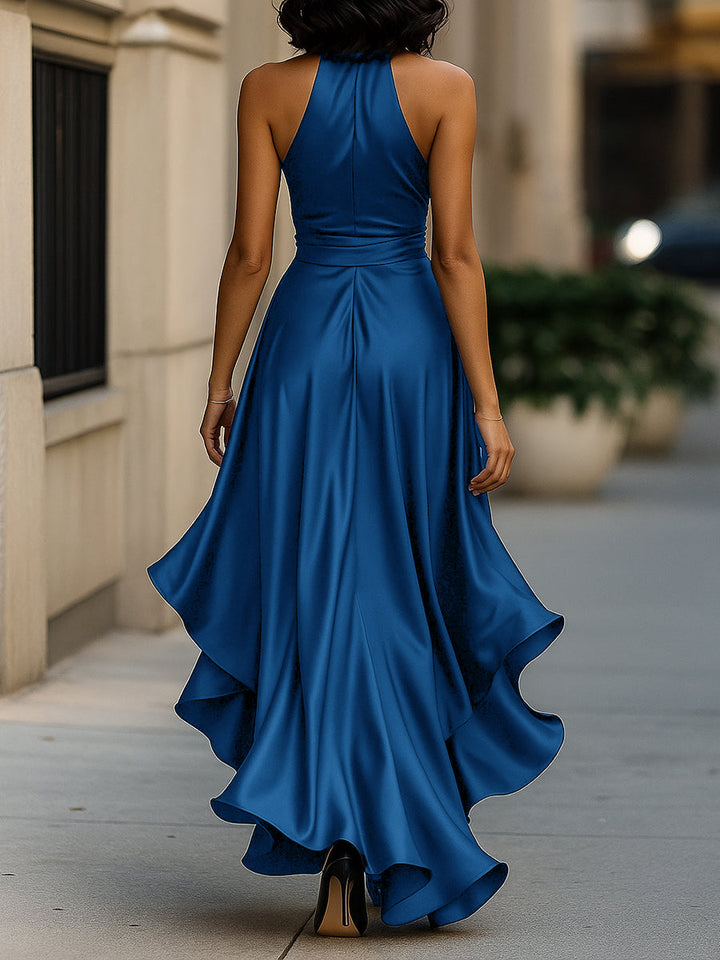 Olivia Bennet | Midnight Elegance Satin Halter Ruffle Gown