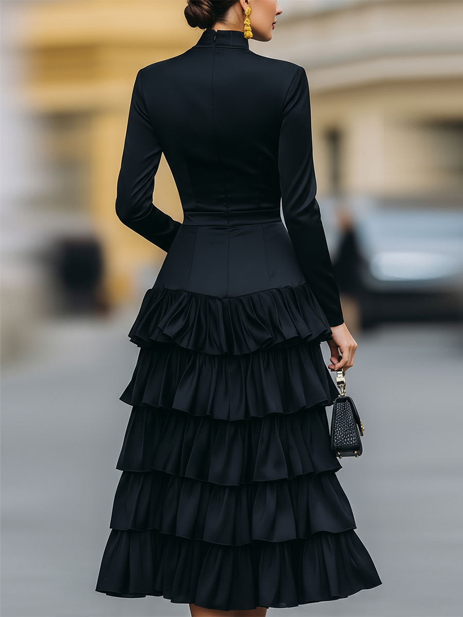 Olivia Bennet | Mock Neck Tiered Ruffle Chiffon Midi Dress