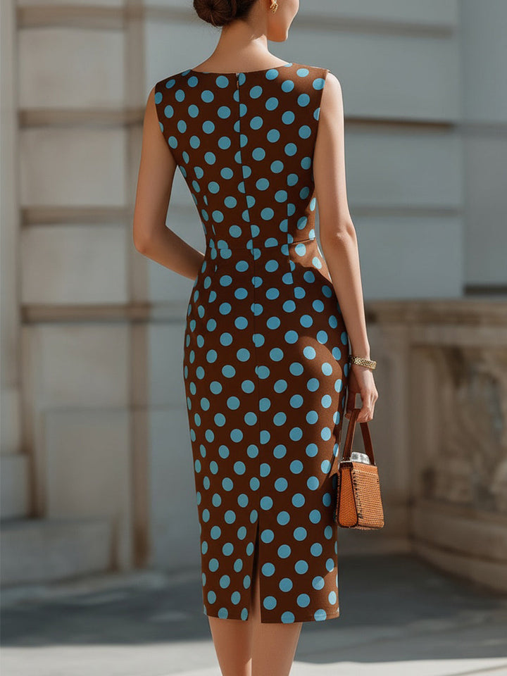Olivia Bennet | Brown & Light Blue Polka Dot Sleeveless Sheath Midi Dress