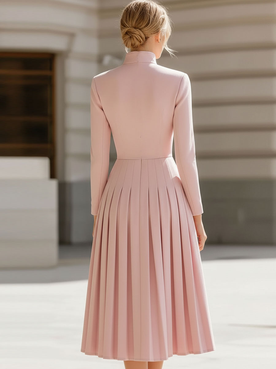 Olivia Bennet | Blush Pink Pleated Stand-Collar Midi Dress