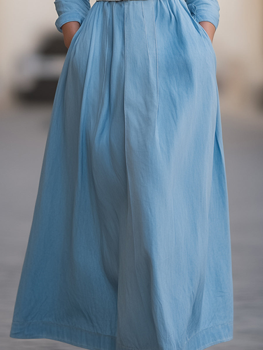 Olivia Bennet | Classic Belted Denim Shirt Dress With Full Skirt