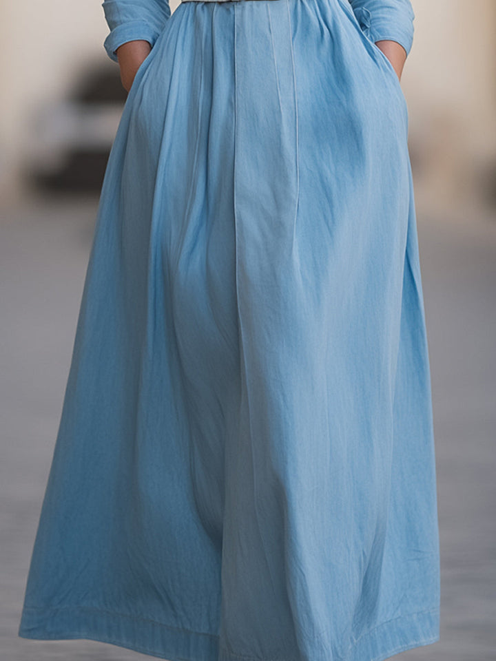 Olivia Bennet | Classic Belted Denim Shirt Dress With Full Skirt