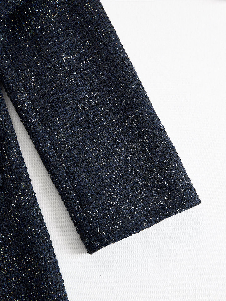 Olivia Bennet | Navy Embellished-Button Midi Tweed Dress