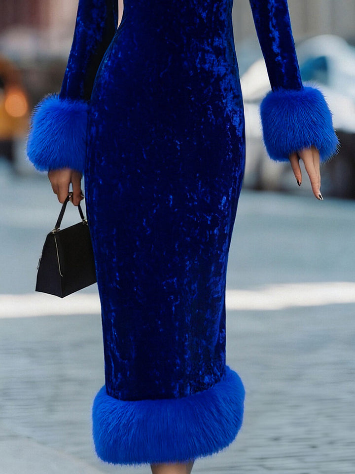 Olivia Bennet | Glamorous Royal Blue Velvet Dress With Feather Trims
