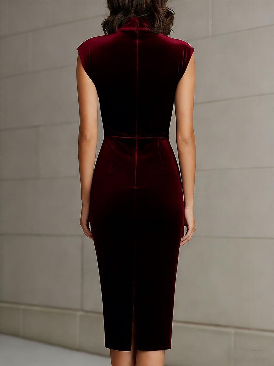 Olivia Bennet | Burgundy Velvet Turtleneck Sheath Dress