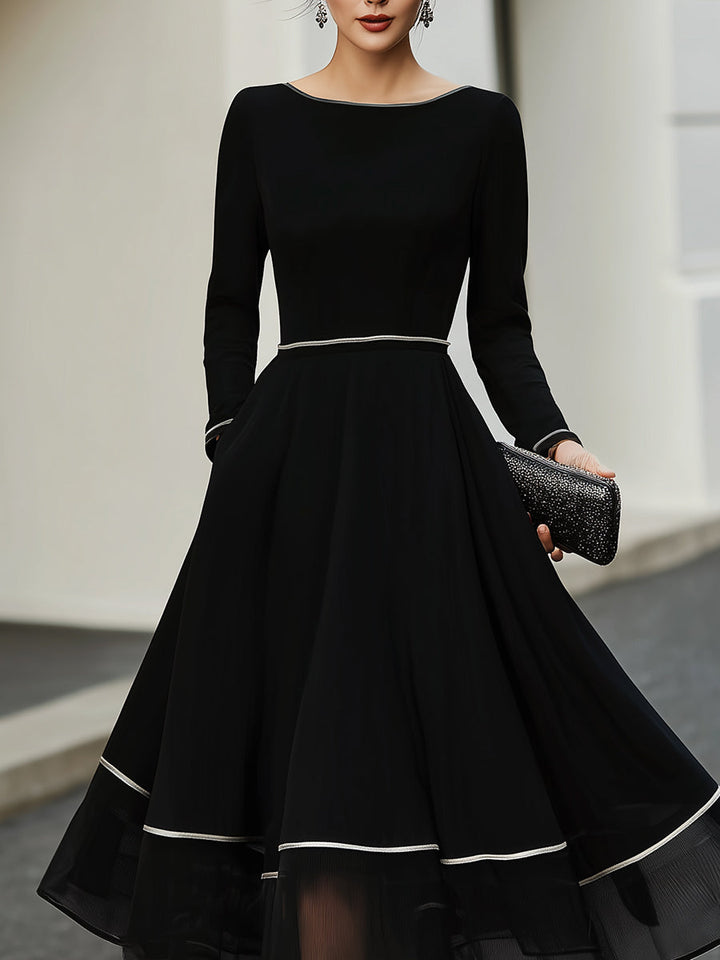 Olivia Bennet | Long Sleeve Contrast Trim Midi Dress With Flared Skirt