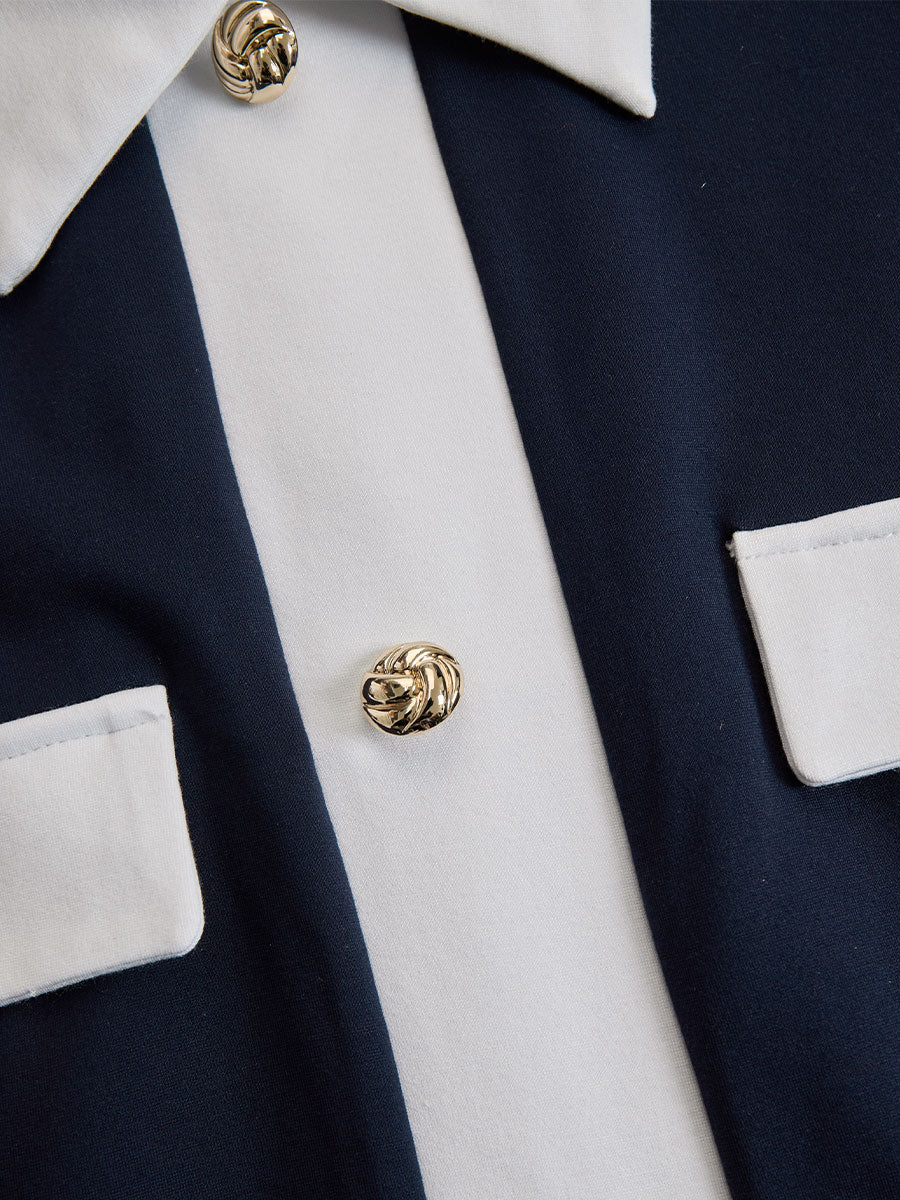 Olivia Bennet | Elegant Navy & White Contrast Button-Up Midi Dress