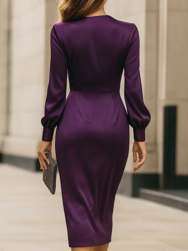 Olivia Bennet | Deep Purple Wrap Midi Satin Dress