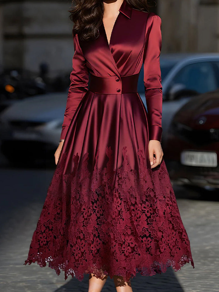 Olivia Bennet | Burgundy Satin Belted Midi Dress With Lace Hem